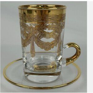 Vtg Interglass Italia 24K Gold Handle Barware Cup Glass Saucer Mouth Blown Italy